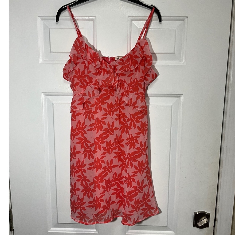 Miami Edelle Red Pink Tropical Leaf Ruffle Mini Dress Large V-Neck Adjustable